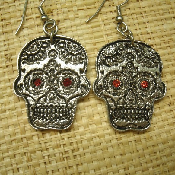 Pewter Sugar Skull Earrings - Picture 2 of 8